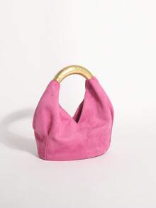 1pc Rose Red Textured Velvet Ruffled Design Vintage Metal Hardware Handbag Exquisite Fashion Zipper Bucket Bag Suitable For Commuting And Shopping - Hot Pink - View 3