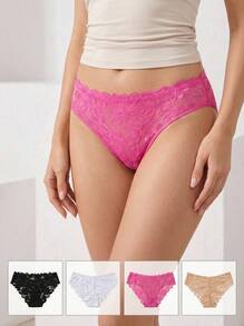 Aesletic 4pcs/Pack Women's Floral Full Lace Triangle Panties, Sexy Romantic Lingerie, Comfortable Sheer Fabric, Suitable For Spring And Summer - Multicolor - View 1