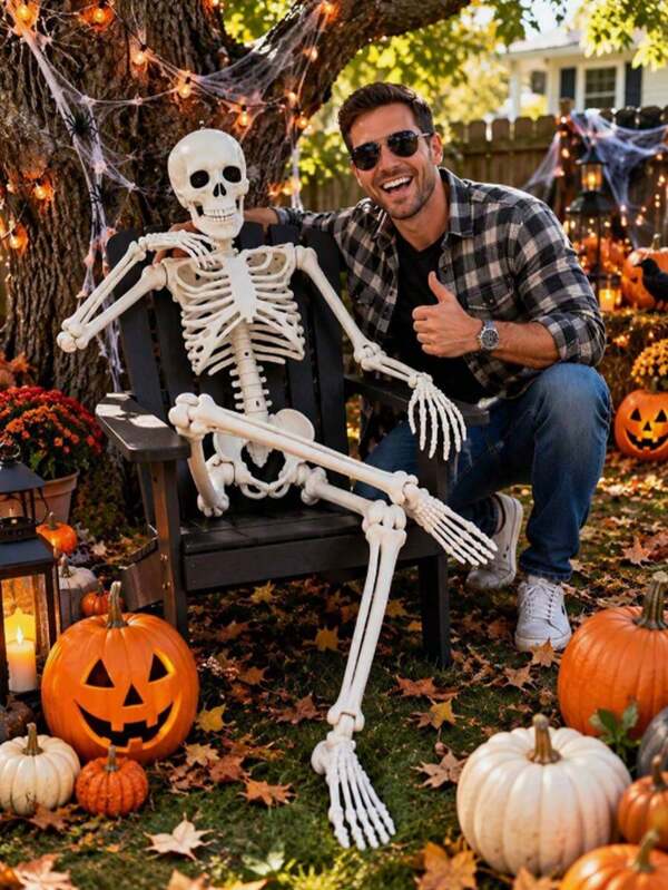Multiple Sizes Foldable Hanging Skeleton Halloween Decorations, Posable Joint Plastic Skeleton Props For Haunted House Parties, Porches, Doors, Walls, Yards, Windows, Photo Booths & Seasonal Home Decor