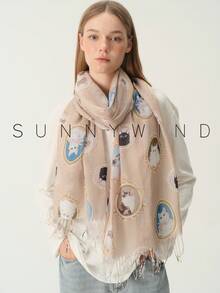 1pc Cute Elegant Sweet Versatile Polyester Printed Scarf With Cat Frame Design For All Seasons Daily Wear - Camel - View 1