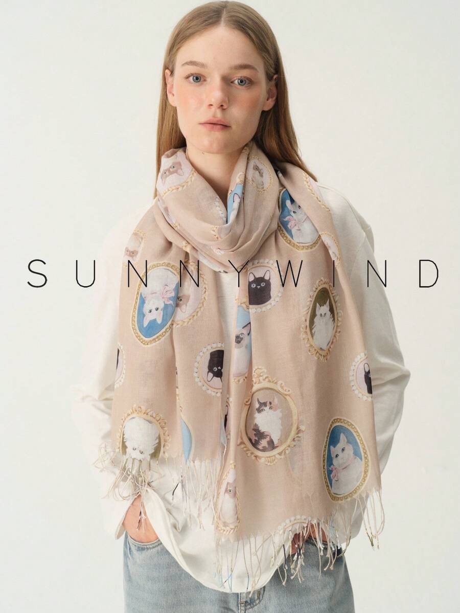 1pc Cute Elegant Sweet Versatile Polyester Printed Scarf With Cat Frame Design For All Seasons Daily Wear - Camel - View 1