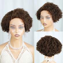 13x4x1 Lace Front Wig Brown Curly Wig With Bangs Short Curl Hair Wig 6inch 180% Density Fluffy Shape Brazilian Rmey Human Hair 4# Color For Daily Wear And Party - S4 - View 8