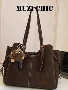Tas Tote Tekstur Matte Vintage Korea Ins, Desain Jahitan Kontras, Kulit Lembut, Tas Belanja Kapasitas Besar, Gaya Minimalis Elegan, Cocok Untuk Pekerja Kantoran, Perjalanan Sehari-hari, Tas Genggam dan Tas Bahu Kasual - Coklat - View 3