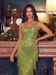 Modphy Women's Elegant Green Spaghetti Strap Sleeveless Maxi Dress, Heavy Rhinestone Embellished Tassel Fitted Evening Gown, Suitable For Wedding Banquet Cocktail Party - Green - View 3
