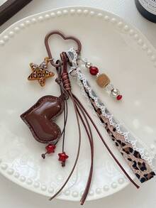 1pc Vintage Leather Heart-Shaped Bag Charm With Leopard Print, Star, Tassel And Beaded Keychain, Autumn/Winter Coffee Color - Multicolor - View 3