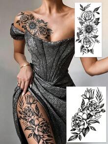 4pcs Black Floral Sketch Temporary Tattoo Stickers, Waterproof & Sweat-Proof, Suitable For Women's Arms, Thighs, Collarbone - Black - View 4