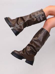 planare Women's Fashion Punk Style Double Buckle Slouch High Tube Boots, Ruched Leg Side Zipper Thick Sole Chunky Heel Motorcycle Rider Boots, Brown Long Boots - Brown - View 6