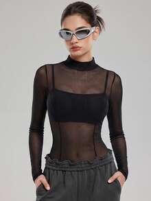KyrLssu Women Fashion Sheer Mesh Mock Neck Long Sleeve Top, Figure‑Hugging See‑Through Layering Shirt, Multi‑Styling Stand Collar Top - Black - View 4