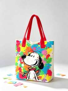 塗鴉 Snoopy 印花帆布托特包，彩色潑墨藝術單肩包，大容量休閒手提包，女款時尚日常購物袋 - B - 查看 3