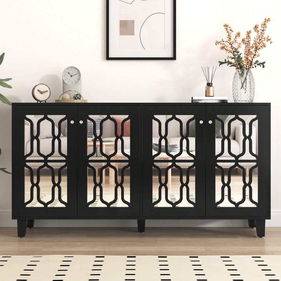 Sideboard Made Of Wood With Storage With Drawers With Doors White For Dining Room And Living Room - 黑色 - 查看 1