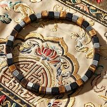 Business Style Square Tiger Eye Hematite Black Agate Beaded Bracelet, Spiritual Jewelry Symbolizing Triple Protection, Elastic Cord Jewelry Suitable For Daily Wear - Multicolor - View 3