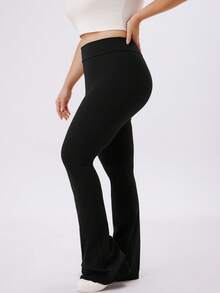 NcmRyu Women's 1pc Plus Size Solid Color Elastic High Waist Flare Pants, Autumn/Winter - Black - View 8