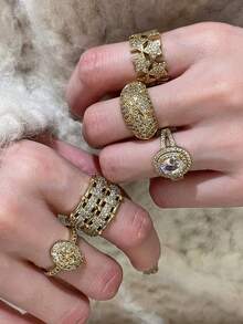 6pcs Old Money Style! Luxurious Cubic Zirconia Multi-Element Ring Set Suitable For Women's Banquet And Party Wear (Gift Box Not Included) - Yellow Gold - View 3