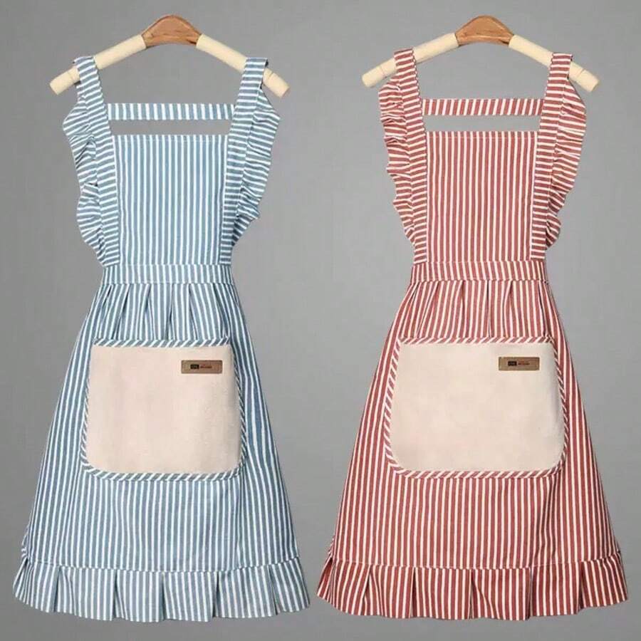 Floral Anti-Stain Apron, Breathable For Home Kitchen Cooking, Women's Striped Design With Pockets, Fresh And Clean Workwear, Suitable For Kitchen And Home Country Style, Can Be Used For Wiping Hands And Tying Around Waist - Multicolor - View 1