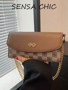 Classic Checkerboard Patchwork Contrast Color Shoulder Bag, Horizontal Compact Body Can Store Phone, Lipstick, Powder, Keys And Other Small Personal Items, Paired With Metal Chain Shoulder Strap, Flap Magnetic Closure, Suitable For Commuting, Work, Dating, Shopping And Daily Outings - Khaki - View 1
