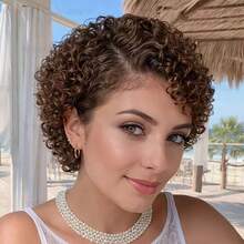 13x4x1 Lace Front Wig Brown Curly Wig With Bangs Short Curl Hair Wig 6inch 180% Density Fluffy Shape Brazilian Rmey Human Hair 4# Color For Daily Wear And Party - S4 - View 11