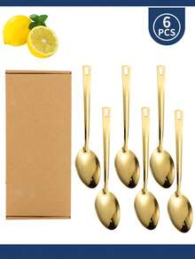 1pc/6pcs Luxury Stainless Steel Dinner Spoon Set, 10.59 Inch (Approx. 26.9 Cm) Mirror Polished Design, Easy To Clean, No Residue, Dishwasher , Rust-Resistant, Suitable For Home Kitchen, Wedding, Party And Restaurant - Gold - View 1