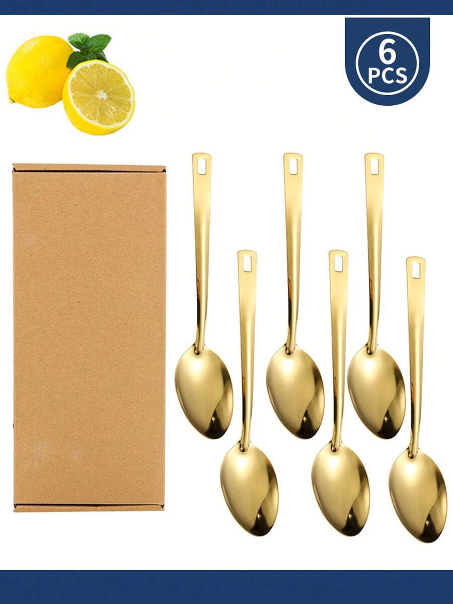 1pc/6pcs Luxury Stainless Steel Dinner Spoon Set, 10.59 Inch (Approx. 26.9 Cm) Mirror Polished Design, Easy To Clean, No Residue, Dishwasher , Rust-Resistant, Suitable For Home Kitchen, Wedding, Party And Restaurant - Gold - View 1