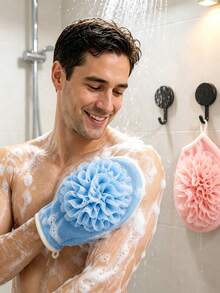 2+2pcs Frosted Bath Gloves, 2-In-1 Sponge Flower Integrated Design, Double-Sided Use, With Hanging Ring, Suitable For Bathroom Storage, Body Cleansing, Bath Exfoliation, Bathroom Accessories, Back To School, Halloween, Autumn - Combo Pack - View 3