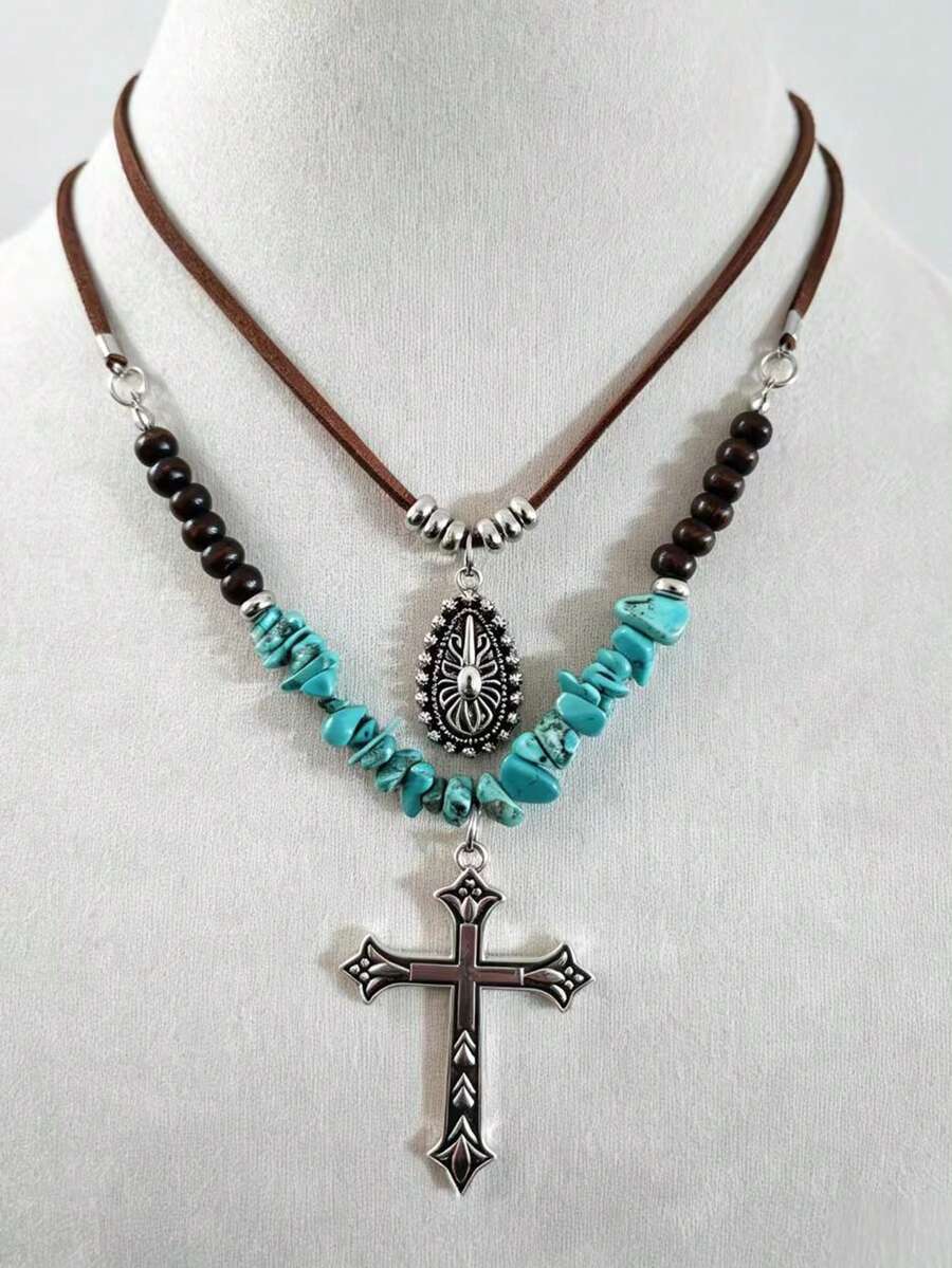 1 Set 2pcs Layered Hot-Selling Vintage Turquoise Necklace Korean Velvet Layered Dragonfly Alloy Hollow Water Drop Pendant Necklace - Multicolor - View 1