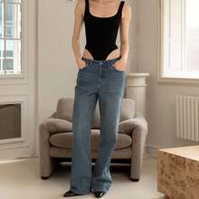 Vintage Straight Wide-Leg Slimming Jeans Pants - 水洗藍 - 查看 1