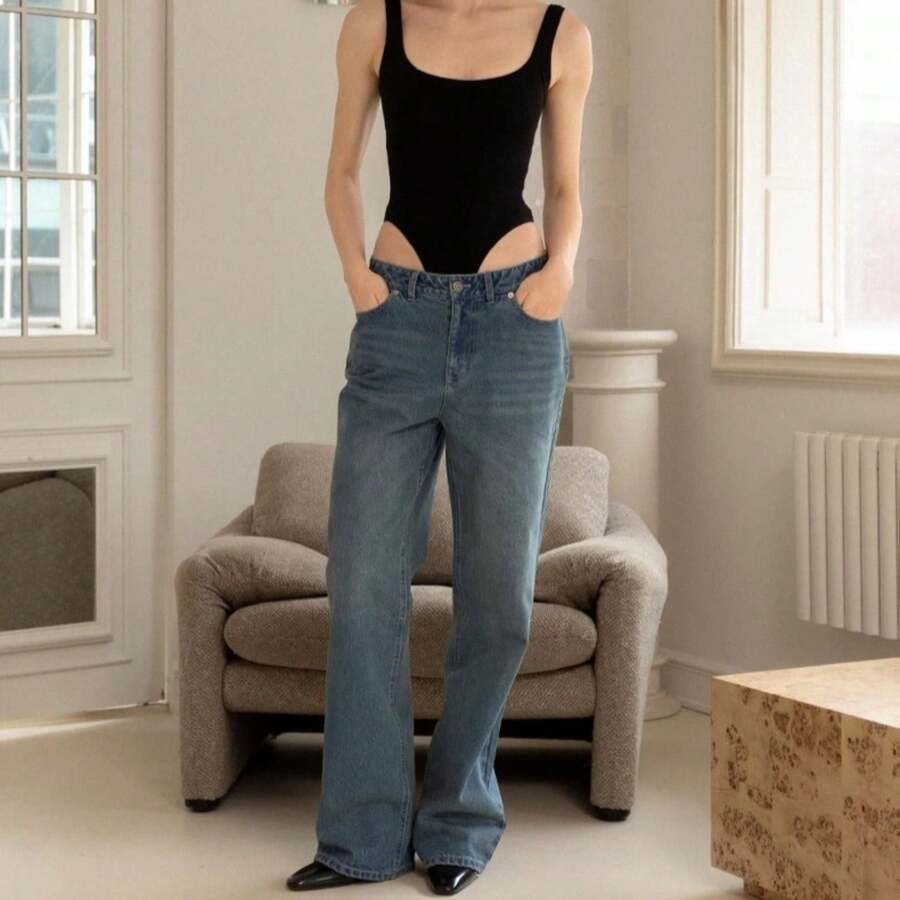 Vintage Straight Wide-Leg Slimming Jeans Pants - 水洗藍 - 查看 1
