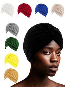 Multi-Color Lightweight Breathable Non-Stuffy Twisted Headwrap Hat, Unisex Pleated Elastic Pull-On Cap, Casual Outdoor Wear, Chemotherapy & Postpartum Hair Cover, Vintage Style - Multicolor - View 6