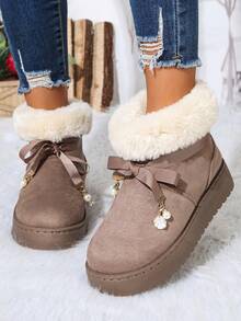 Women's Faux Suede Thick Sole Snow Boots, Foldable Plush Sock Collar With Bow Ribbon And Pearl Pendant Decoration - Grey - View 2