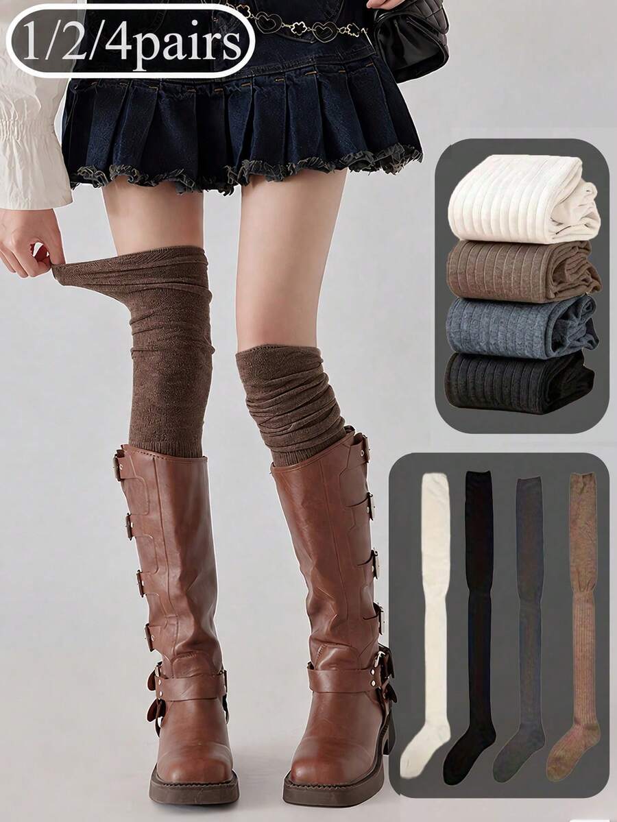 1/2/4 Pairs Women's Over-The-Knee Socks,All-Season Long Socks For Spring And Autumn, High-Top Socks,Non-Slip And Non-Constricting,Suitable For Winter - Multicolor - View 1