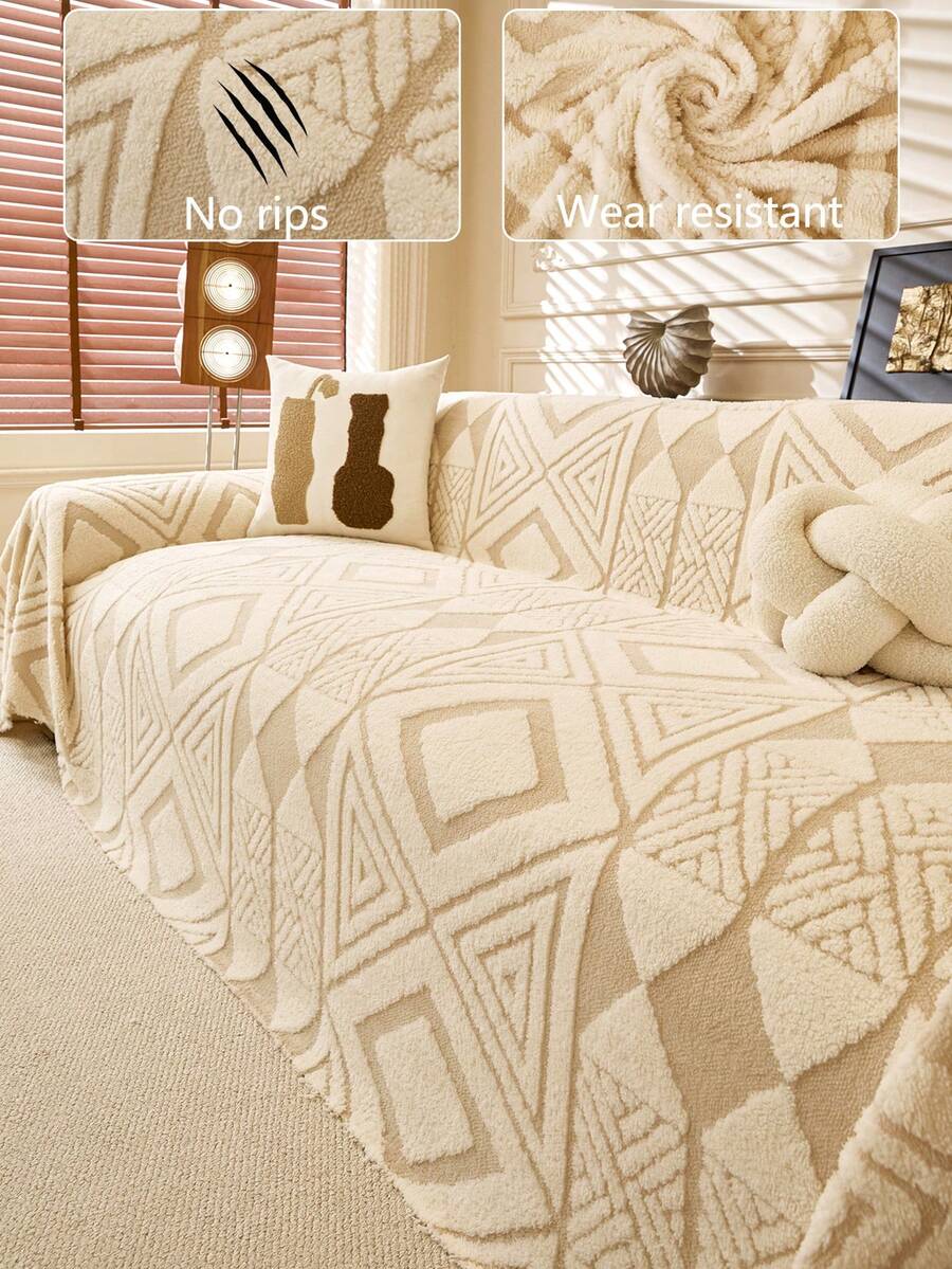 1pc Autumn/Winter Thickened Plush Warm Anti-Slip Sofa Cover, Suitable For Home Living Room And Other Room Decoration, Modern Minimalist Anti-Slip Sofa Throw, Machine Washable And Hand Washable, Fresh Fashion Soft Non-Fading Non-Shedding Bedroom Decor, Pet-Friendly Protective Cover - Beige - View 1