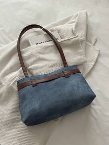 1pc Blue Colorblock PU Women's Large Capacity Shoulder Bag With Strap Decoration - Blue - View 5