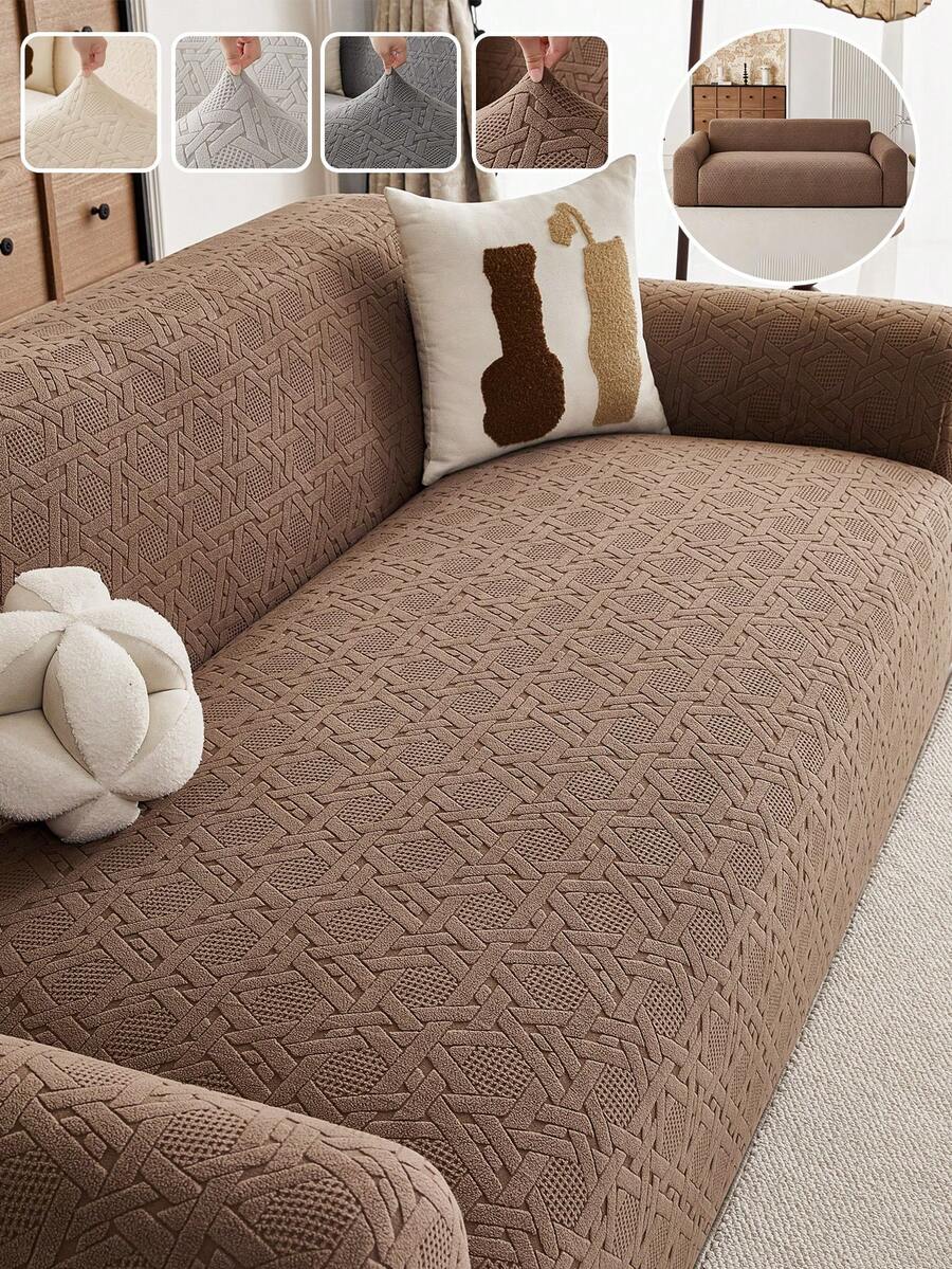 1pc Brown Leaf Pattern Fleece Stretch Sofa Cover, Nordic Modern Style Polyester Fiber Dust-Proof Non-Slip Thickened Sofa Protector, Suitable For 1/2/3/4 Seater Sofa, All Season Sofa Decor - Coffee Brown - View 1