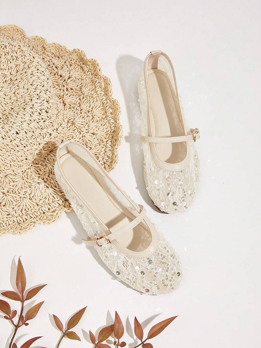 Women's Blue Shiny Lace Mesh Ballet Buckle Flat Sandals - White - View 1