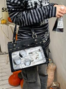日系原宿新風學園風學生購物休閒娃娃單肩斜挎包，可裝穀物、掛鑰匙圈、明信片、娃娃，適合動漫展、派對及其他場合 - 黑色 - 查看 8