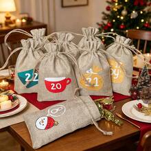 CARRIECUR 24Pcs Christmas Advent Calendar Bags, Simple Color Block Xmas Elements Linen Drawstring Gift Pouches With Number Print, Wooden Clothespins & Jute Twine, DIY Xmas Countdown Candy Treat Gift Sacks - View 4