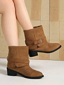 Buckle Strap Suede Mid-Calf Boots, Plus Size Wide Fit Pointed Toe Vintage Casual Women's Ankle Boots - Brownish Yellow - View 6