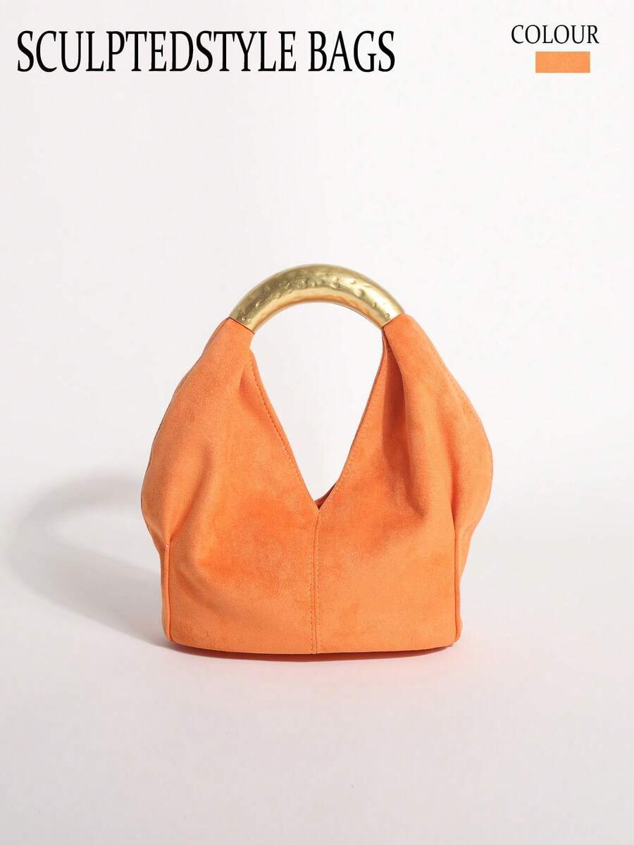 1pc Orange Textured Velvet Ruffled Design Vintage Metal Hardware Handbag, Exquisite Fashion Zipper Bucket Bag Suitable For Commuting And Shopping - Orange - View 1