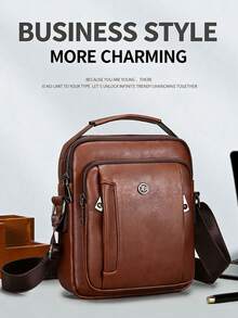 1pc Men's Vintage PU Crossbody Bag, Multi-Compartment Large Capacity Handbag, Business Commute Shopping One Shoulder Small Backpack - Crossbody Bag - View 10