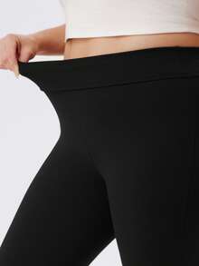 NcmRyu Women's 1pc Plus Size Solid Color Elastic High Waist Flare Pants, Autumn/Winter - Black - View 3