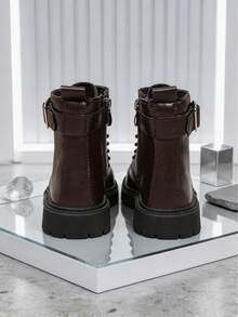 1 Pair Kids' Vintage Buckle Boots, Glossy PU Upper, Thick Sole, Anti ...
