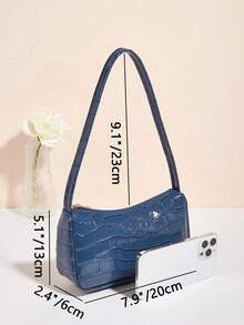 Glossy Crocodile Embossed Minimalist Shoulder Baguette Bag - Blue - View 4