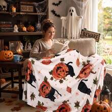 1pc Halloween Black Cat Jack Pumpkin Print Blanket, Autumn Maple Leaf Plush Throw Blanket, Living Room Holiday Decor Shawl Blanket - Multicolor - View 3