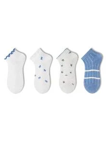 ZUJO 4 Pairs Women's Blue & White Ruffle Trim Short Socks, Floral & Bow Pattern, Suitable For All-Year Home & Travel, Random Color - Multicolor - View 7