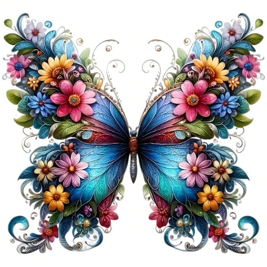 1/2/3pcs Floral Blue Butterfly Heat Transfer Iron-On Patch, Colorful Flower & Vine Pattern Vintage Art Butterfly DIY Sticker, Suitable For T-Shirts, Sweatshirts, Pillows, Canvas Bags - Multicolor - View 1