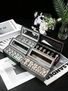 Watch Box Silver Frame6-Slot Watch CaseWith Large Glass Lid RemovableWatch Pillows Watch BoxOrganizer Gift For Loved OnesSynthetic Leather Gray Lining Jewelry Box Organizer Watch Box Watch Case Watch Organizer Jewelry Organizer - Multicolor - View 3