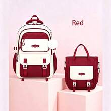 Juego de 2 piezas de mochila y bolso tote con bloques de color, gran capacidad, múltiples compartimentos, estilo coreano, versátil para campus y desplazamientos - Conjuntos - Ver 12