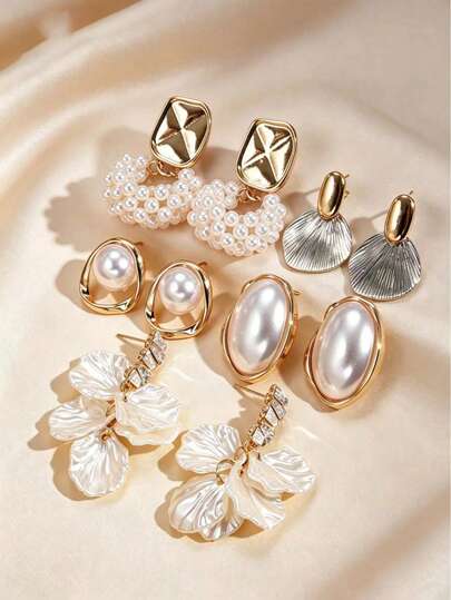 5 Pairs Of Retro Style Faux Pearl Hollow Geometric Pendant Earrings Set, Versatile For Daily Use, Fashionable Accessories For Brides And Friends
