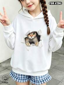 Cute Cartoon Cat Print Loose Fit Hoodie For Girls, Breathable Casual Pullover Sweatshirt For Spring Autumn Daily Wear - White - View 2
