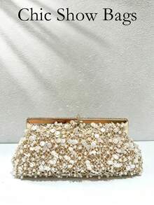 Women Evening Clutch Bag, Rectangular Hard Frame Purse, Sequin Pearl Mesh Pattern, Elegant Bridal Handbag For Wedding Prom Formal Party - Gold - View 8
