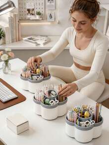 1pc 360° Creative Rotating Pen Holder, Large Capacity Luxury Minimalist Desktop Organizer, Compartment Design, Durable & Anti-Drop, Office Desk Accessory, Pencil Case, School Essential, Bathroom Decor Accessory, Bathroom Accessory, Cosmetic Organizer, Holiday Essential, Room Decor, Autumn Home Decor, Also Suitable For Back To School, Christmas, Christmas Home Decor, Christmas Stocking Filler, Christmas Gift, Gift For Women - One Size Fits All - View 3